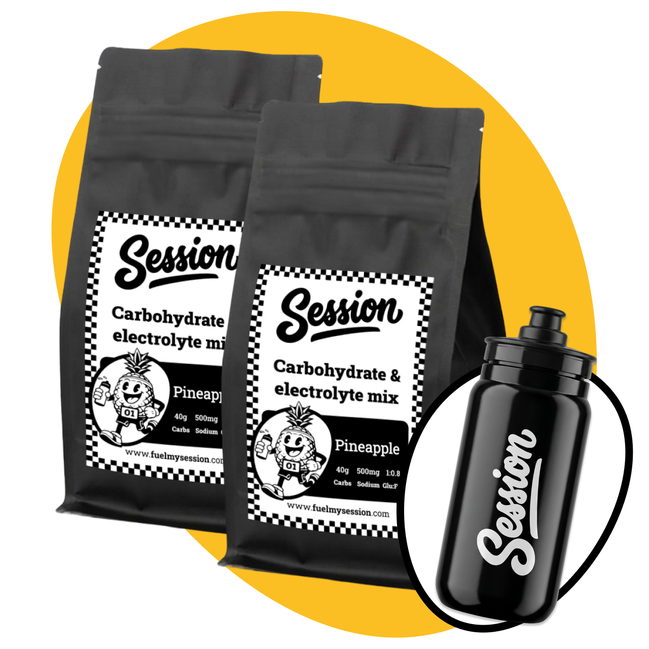 Two black stand-up pouches of Session carbohydrate and electrolyte mix in the Pineapple flavor, shown alongside a black insulated water bottle with a carrying strap, all on a white background with a yellow circular graphic behind the bags.