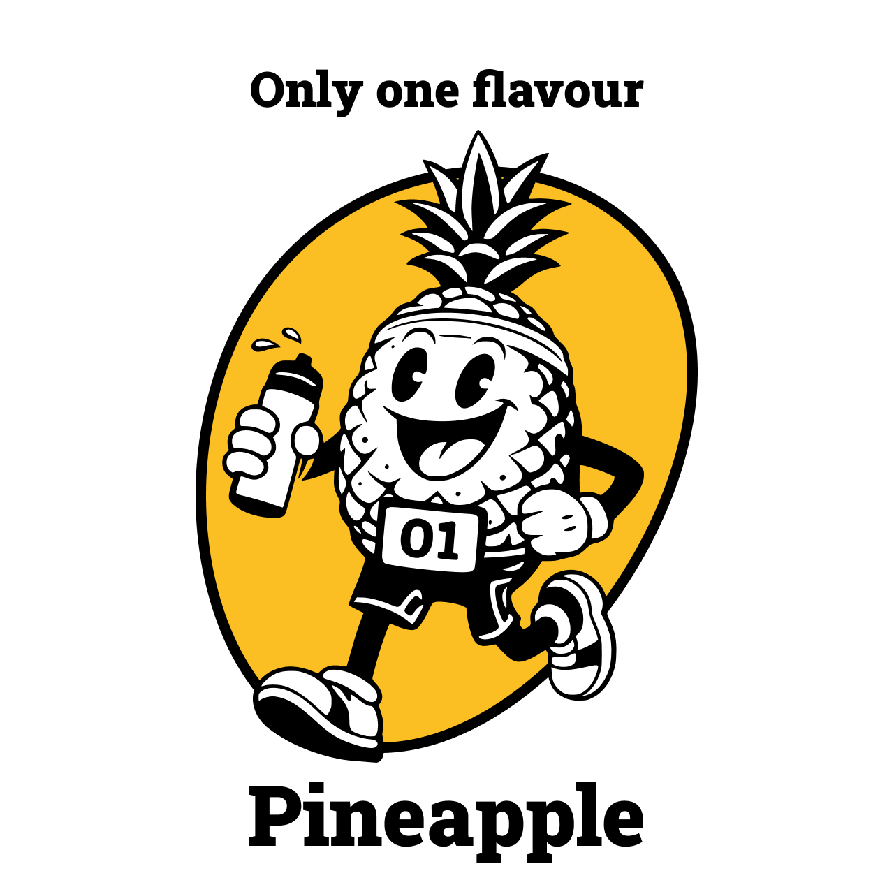 A graphic design featuring a cartoon pineapple character running while holding a spray bottle, with the text 'Only one flavour' at the top and 'Pineapple' at the bottom, all on a white background.