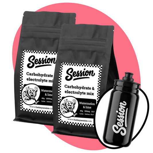 Two black bags of Session carbohydrate and electrolyte mix watermelon & lime, shown with a black Session water bottle on a white background with a pink circular graphic behind the bags.