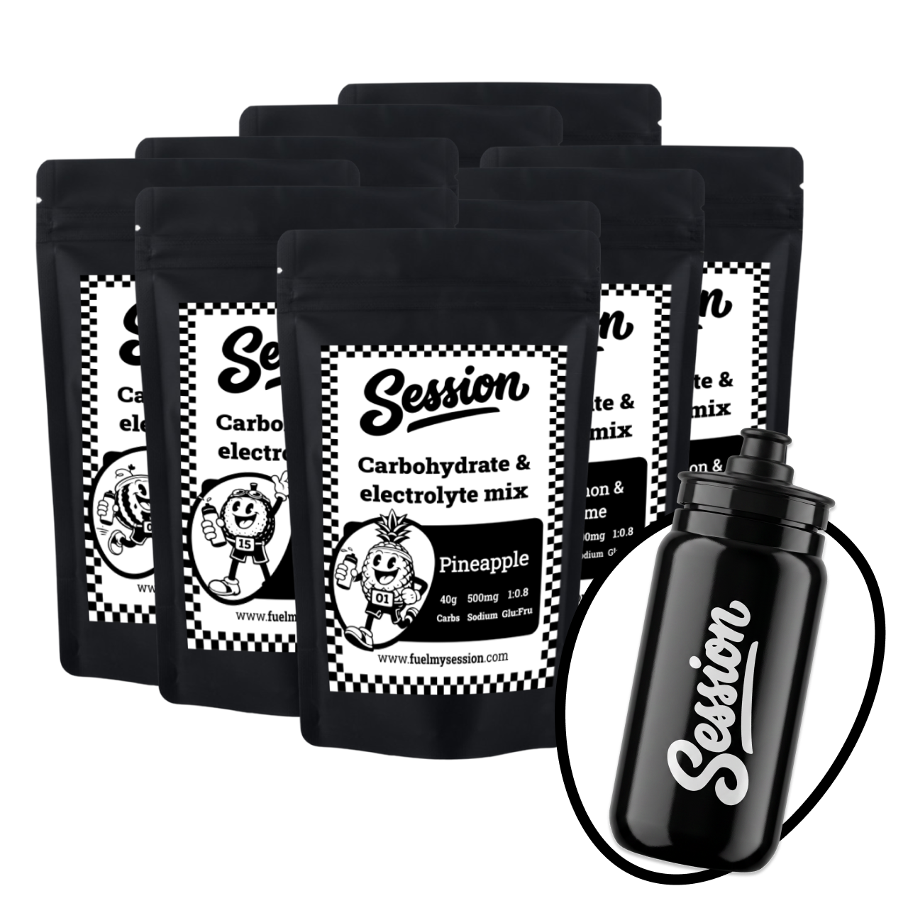 Six black stand-up pouches of Session Carbohydrate & Electrolyte Mix in Pineapple flavor, arranged in a fan, alongside a black water bottle with a carrying strap and an inset close-up of the bottle label.