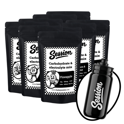 Six black stand-up pouches of Session Carbohydrate & Electrolyte Mix in Pineapple flavor, arranged in a fan, alongside a black water bottle with a carrying strap and an inset close-up of the bottle label.