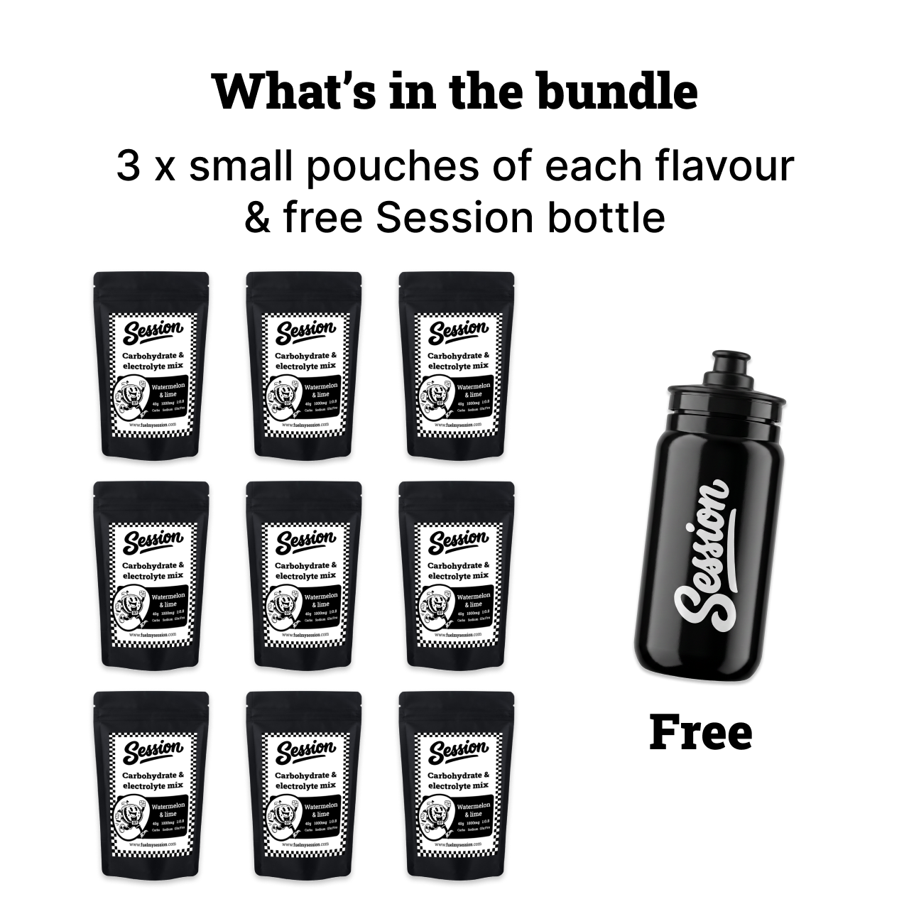 Promotional bundle graphic showing nine black Session pouches arranged in a grid next to a black Session bottle labeled 'Free', with text reading 'What's in the bundle' and '3 x small pouches of each flavour & free Session bottle'.