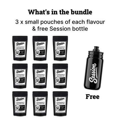 Promotional bundle graphic showing nine black Session pouches arranged in a grid next to a black Session bottle labeled 'Free', with text reading 'What's in the bundle' and '3 x small pouches of each flavour & free Session bottle'.