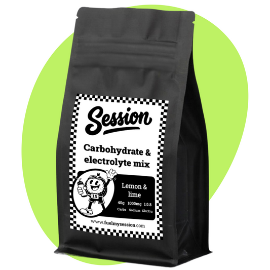 Black bag of Session carbohydrate and electrolyte mix with lemon and lime flavor on a green circle background