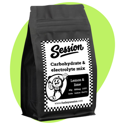 Black bag of Session carbohydrate and electrolyte mix with lemon and lime flavor on a green circle background