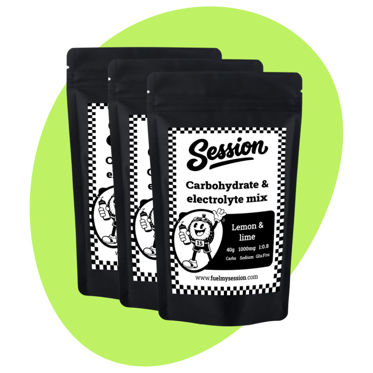 Three black packages of Session Carbohydrate & Electrolyte Mix on a green circle background