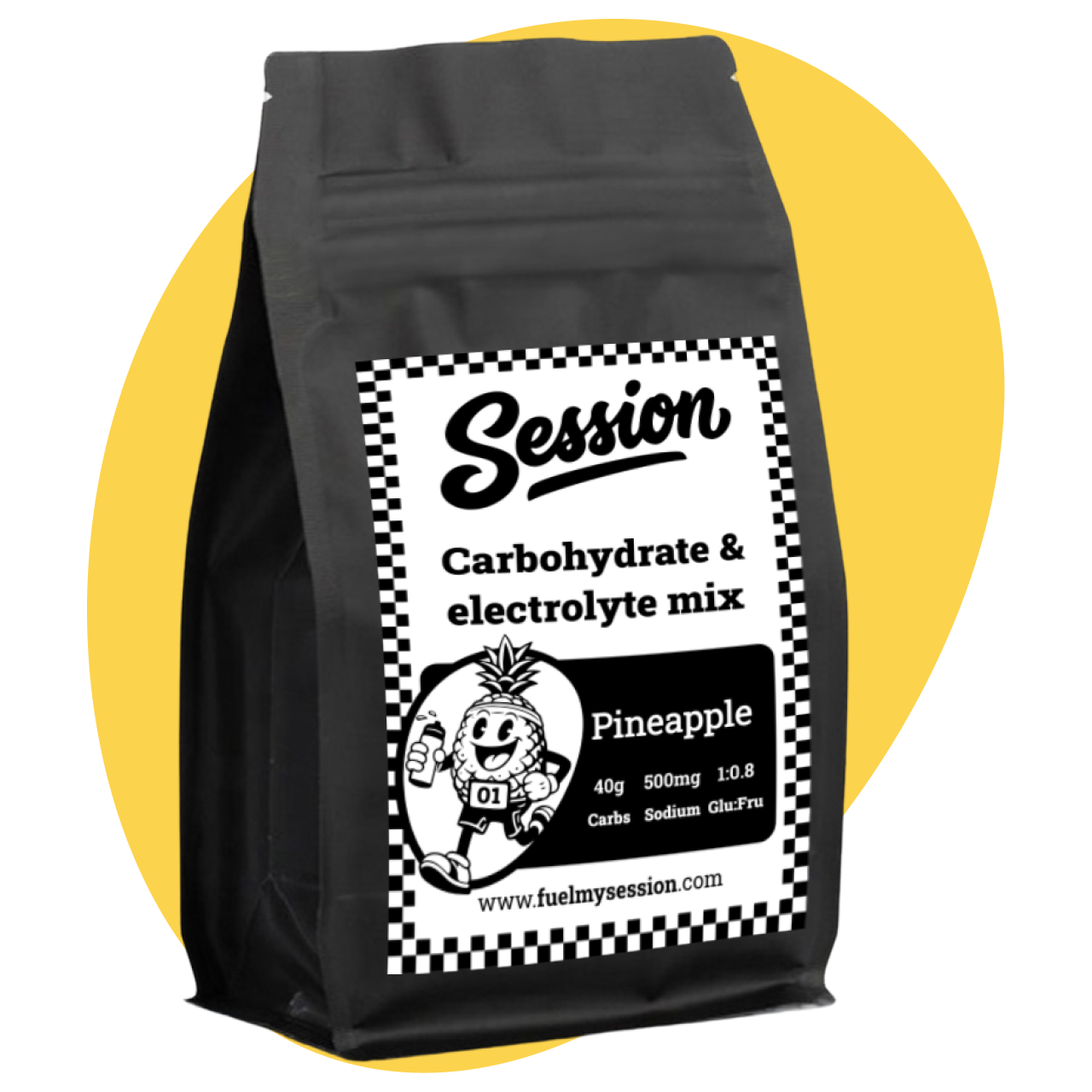 Black bag of Session carbohydrate and electrolyte mix with pineapple flavor on a yellow background
