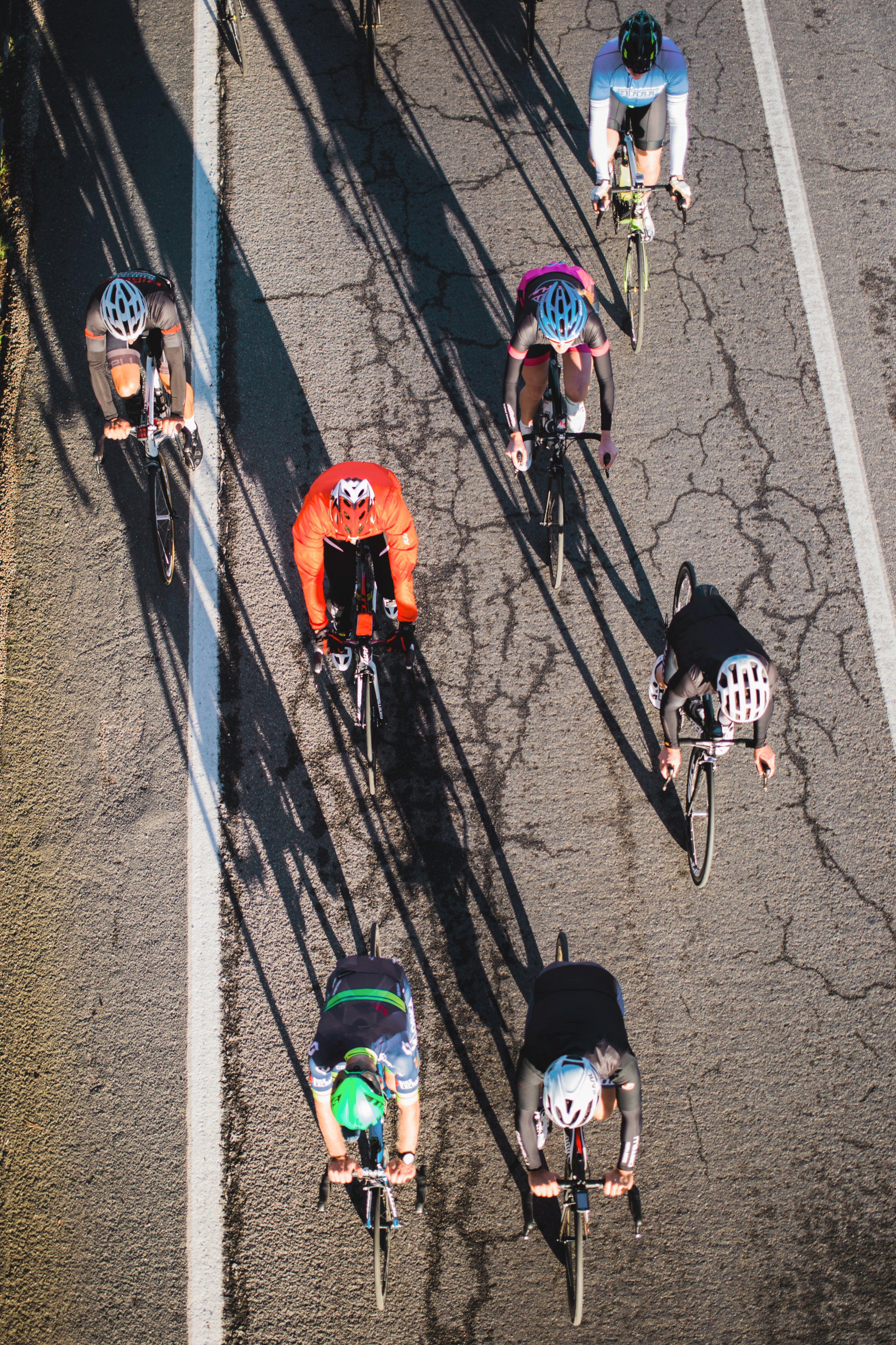 View from above of seven road cyclists