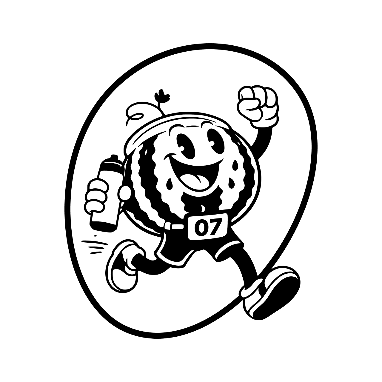 Black and white illustration of a running watermelon character with a number 07 on a white background