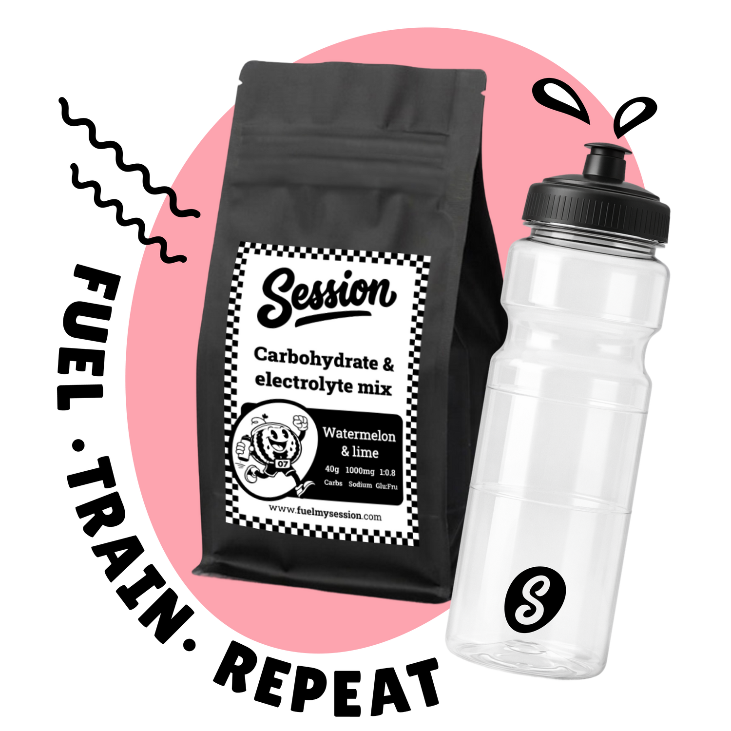 Black package of Session carbohydrate and electrolyte mix with a clear water bottle on a white background.