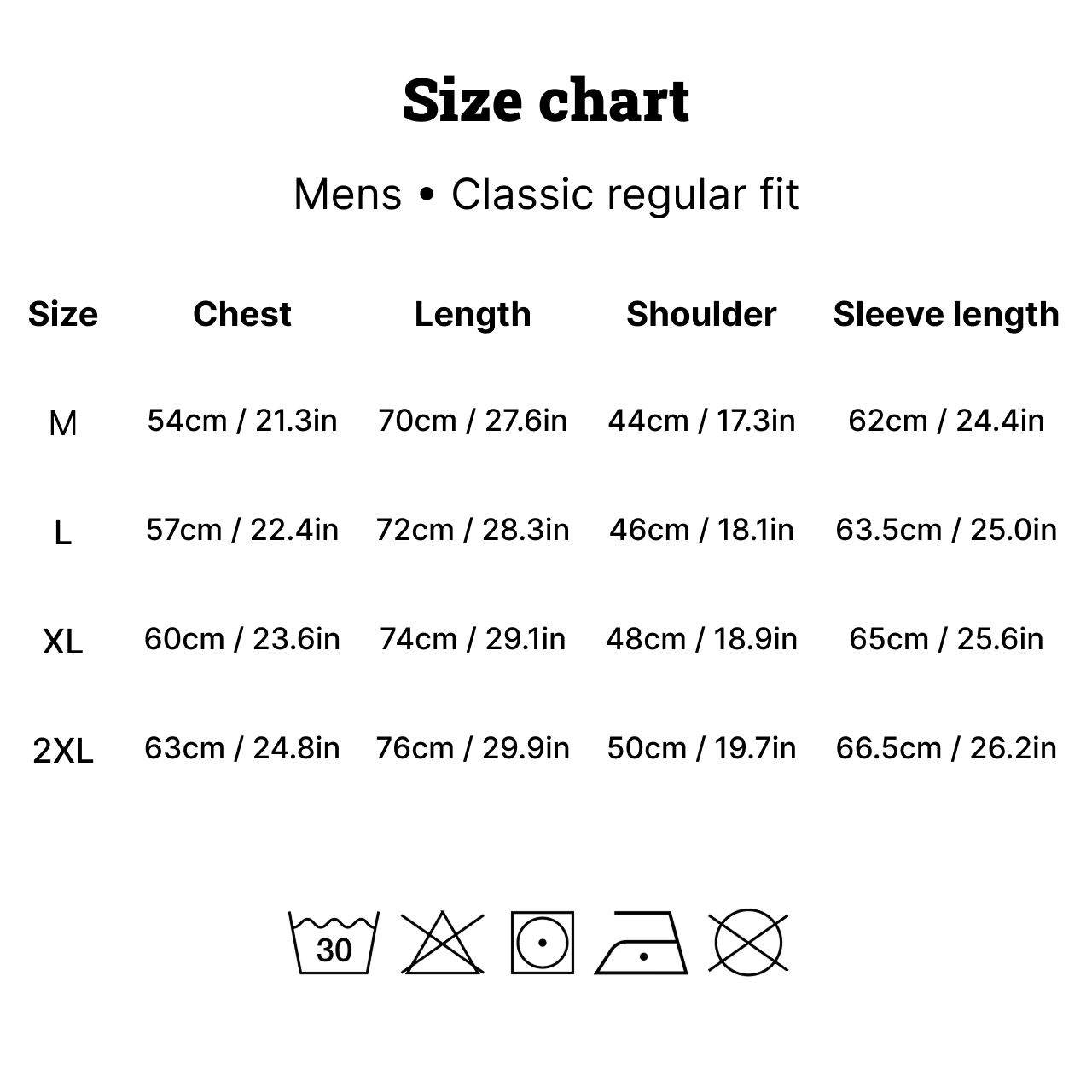 Session Simple Jacket size chart and care instructions