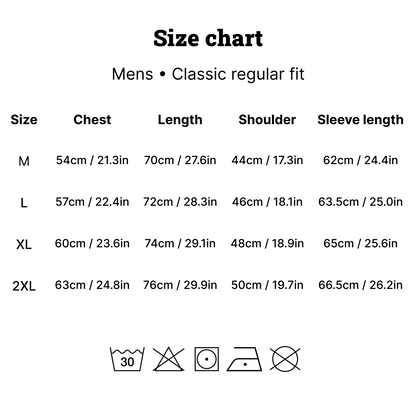 Session Simple Jacket size chart and care instructions