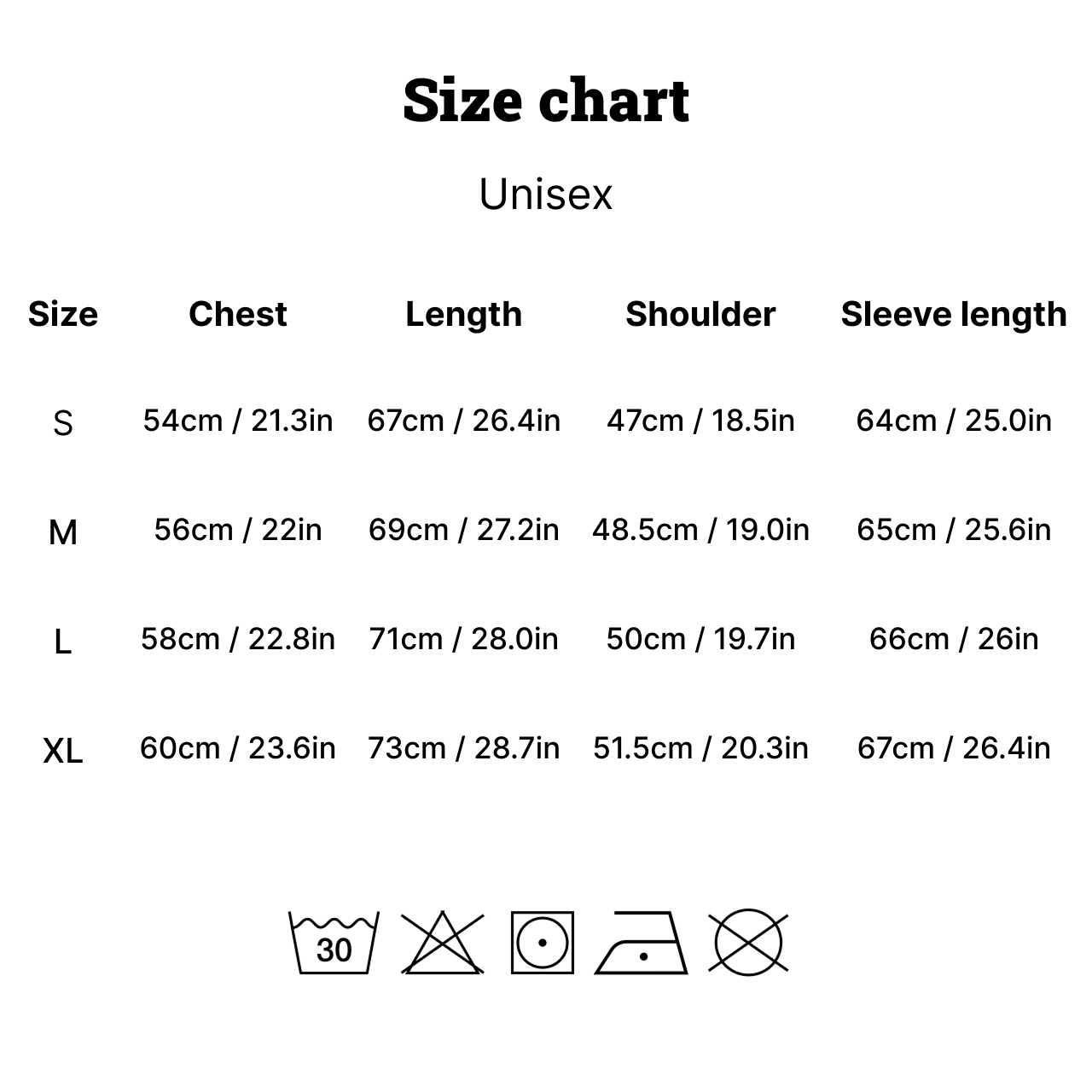 Session Retro Jacket size chart and care instructions