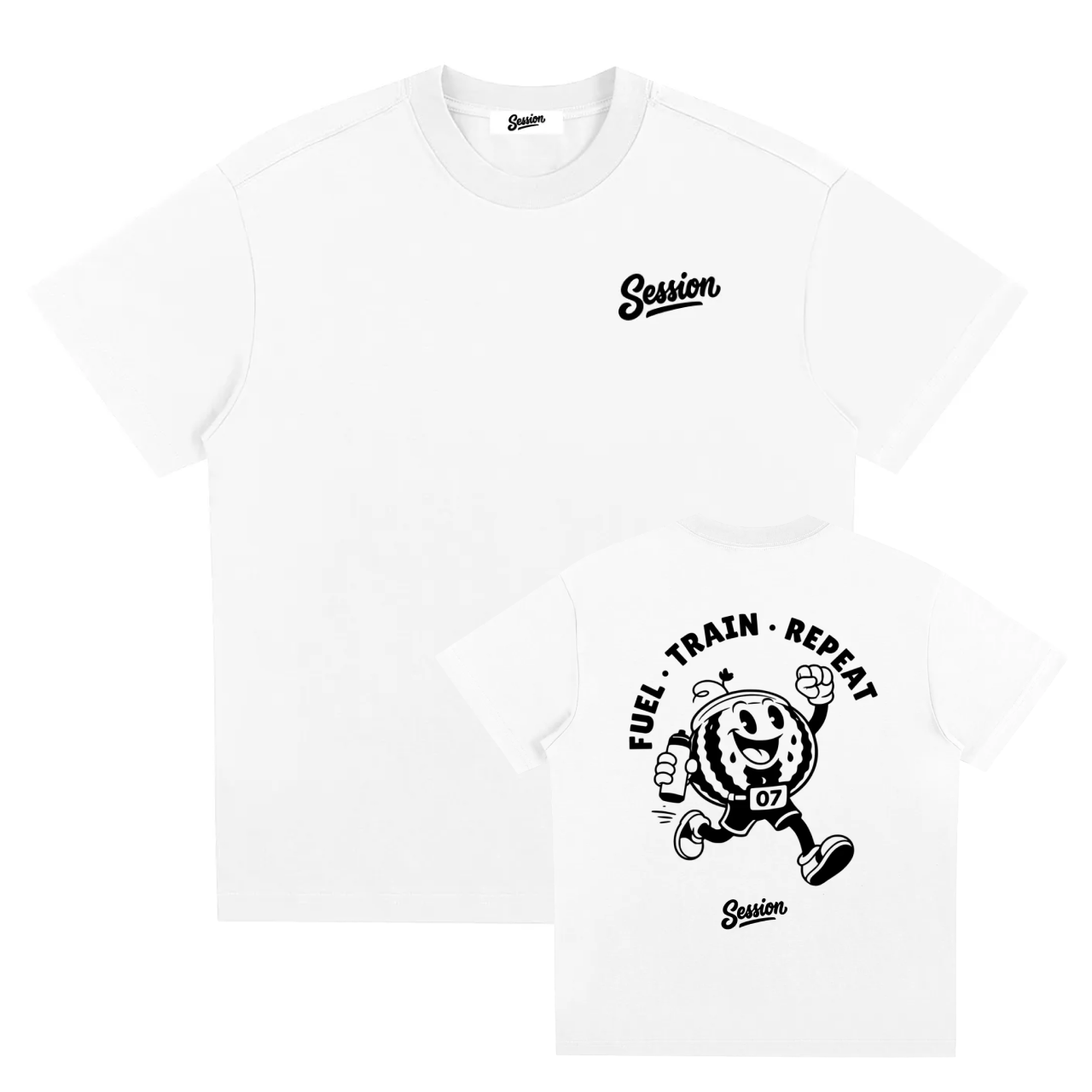 Two white short-sleeve t-shirts shown on a plain white background, one larger shirt with a small black 'Session' logo on the chest and one smaller shirt showing a larger black graphic with the words 'FUEL TRAIN REPEAT' and a cartoon character. The inner neck label also shows the Session brand.