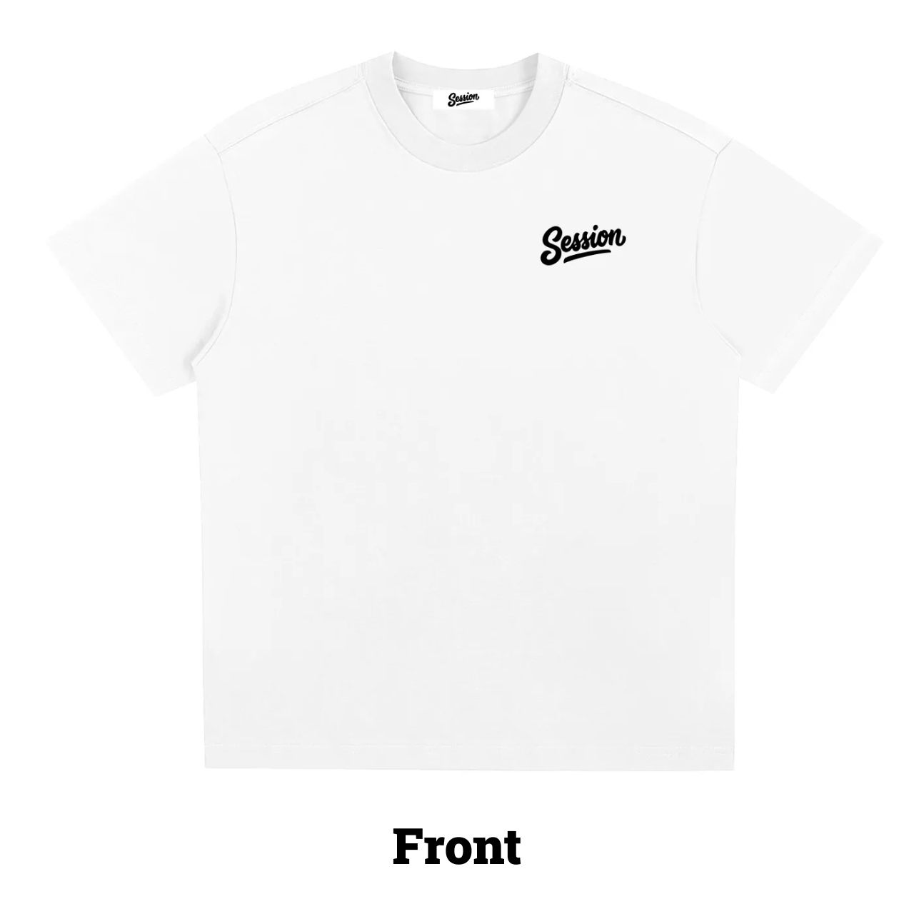 A white short-sleeve crewneck t-shirt with a black 'Session' logo printed on the left chest, shown against a plain white background with the word 'Front' below it.