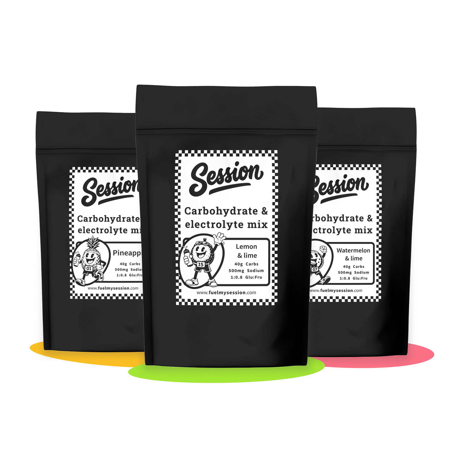 Three black bags of Session carbohydrate and electrolyte mix with labels on a white background