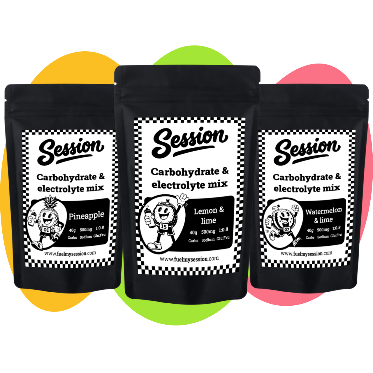 Three stand-up pouches of Session Carbohydrate & Electrolyte Mix arranged side by side on a white background with colorful circular accents behind them. The pouches are black with white labels showing different flavors: Pineapple, Lemon & lime, and Watermelon & lime.