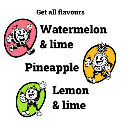A promotional graphic on a white background with the text 'Get all flavours' and three flavor callouts: Watermelon & lime, Pineapple, and Lemon & lime. Each flavor is shown with a cartoon fruit mascot inside a colored oval shape.