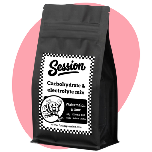 Black bag of Session carbohydrate and electrolyte mix with a white label on a pink circular background