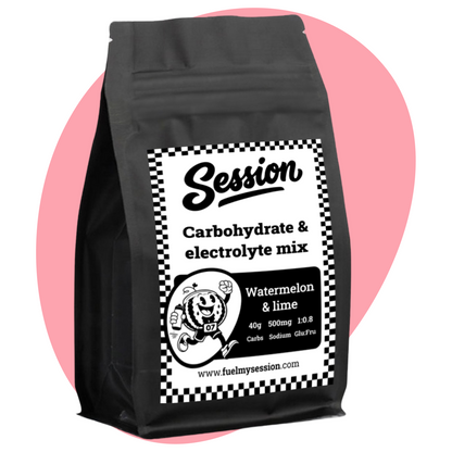 Black bag of Session carbohydrate and electrolyte mix with a white label on a pink background